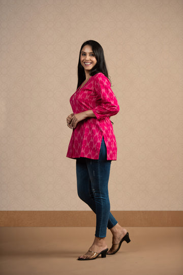 Pink Handloom Dobby Front Box Plits Short Kurti