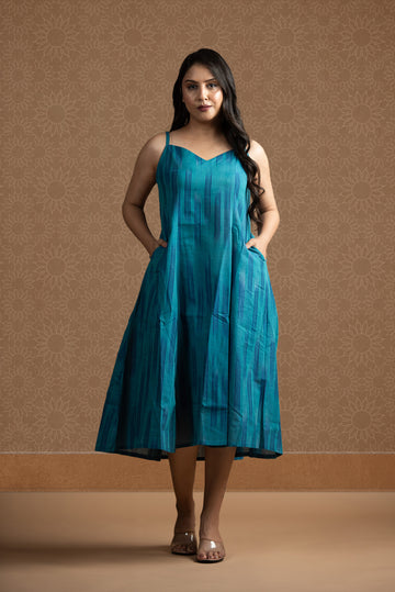 Rama blue Ikkat Spaghetti 6-kali A-line Dress