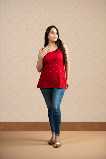 Classic Red Handloom Dobby Spaghetti Short Kurti