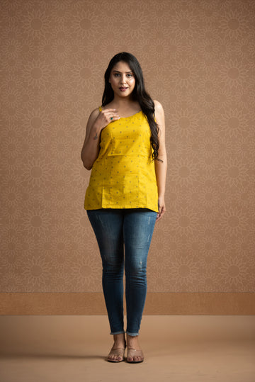 Yellow Blue Cotton Dobby butti Spaghetti Short Kurti