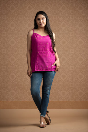 Magenta Pink Handloom Dobby Spaghetti Short Kurti