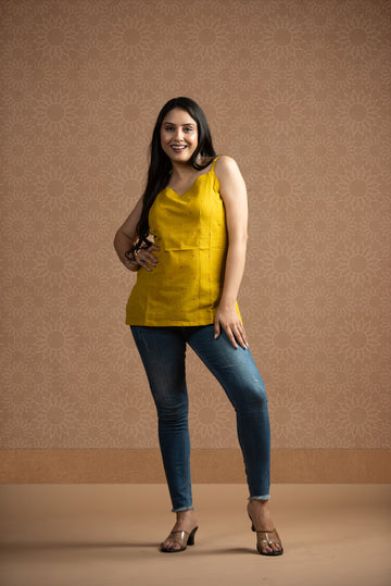 Yellow Red Cotton Dobby butti Spaghetti Short Kurti