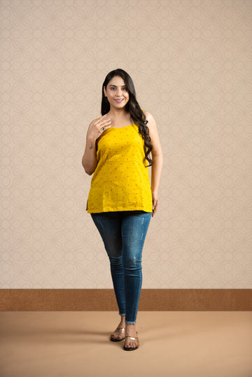 Classic Yellow Handloom Dobby Spaghetti Short Kurti