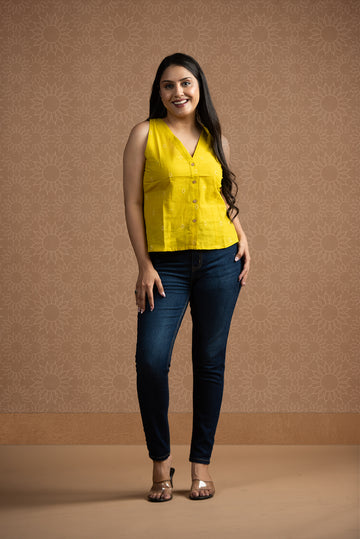 Bright yellow Cotton Dobby Front Open Haulter Crop top