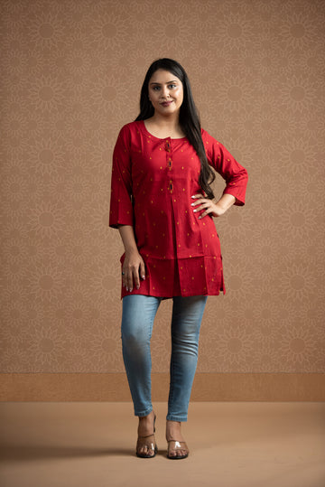 Classic Red Cotton Dobby Front Box pleats Short kurti