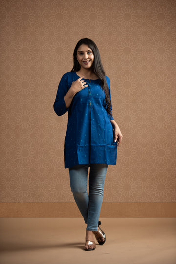 Royal Blue Cotton Dobby Front Box pleats Short kurti