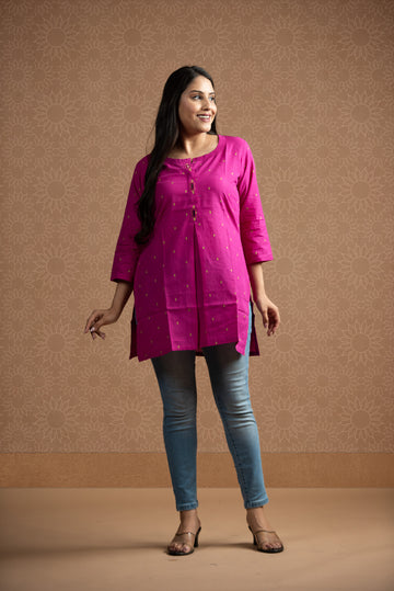 Magenta Pink Cotton Dobby Front Box pleats Short kurti