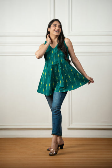 Rama Blue Ikkat Haulter Front Plitted Short Kurti