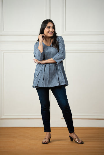 Metal Grey Cotton Dobby Front Plitted Short Kurti