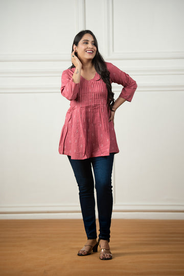 Light pink Cotton Dobby Front Plitted Short Kurti