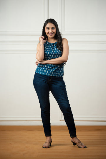 Blue Indigo Print haulter Crop top