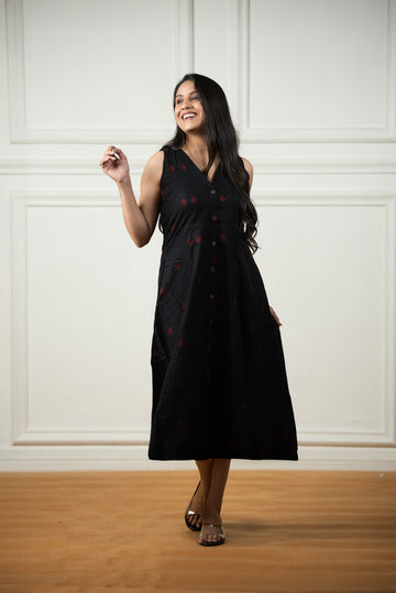 Black Cotton Dobby Haulter 6-kali Open Front A-line Dress