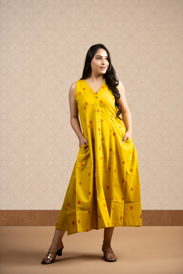 Classic Yellow Cotton Dobby Haulter 6-kali Open Front A-line Dress