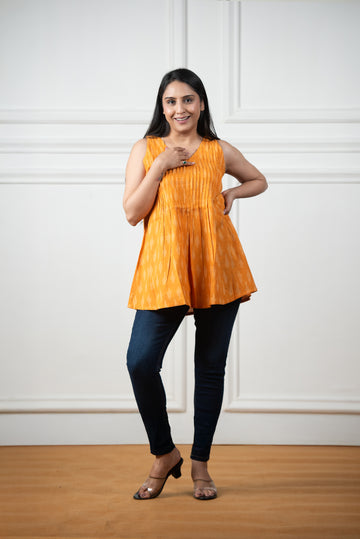 Musturd Yellow Ikkat Haulter Front Plitted Short Kurti