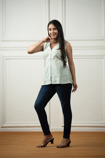 Pista Green Cotton Lining Haulter Short kurti
