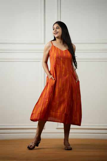 Glossy Orange Ikkat Spaghetti 6-kali A-line Dress