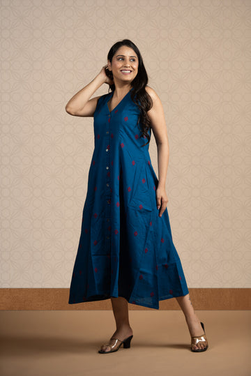 Royal Blue Cotton Dobby Haulter 6-kali Open Front A-line Dress