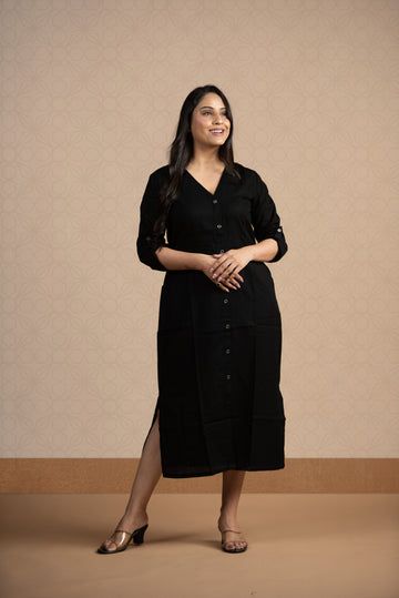 Black Cotton Flex Front Open Bodycon dress