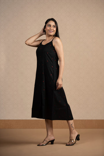 Black Cotton Dobby Spaghetti Front Slits A-line dress