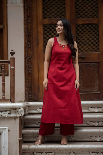 Rust Cotton Slub Halter A-Line Top And Palazzo