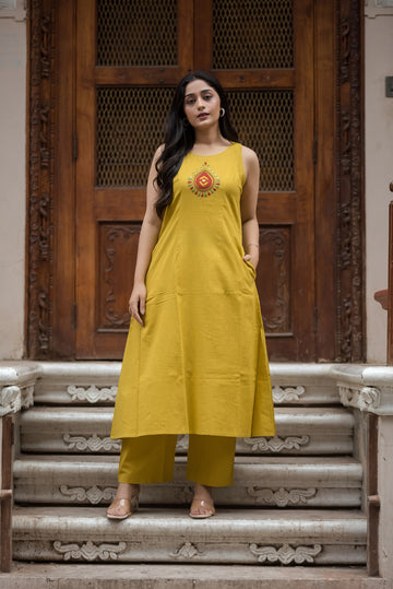 Yellow Cotton Slub A-Line Top And Palazzo