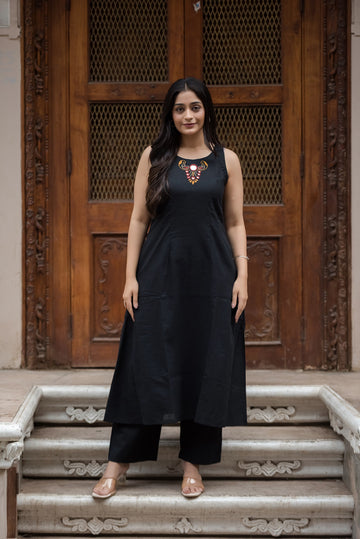 Jet Black Cotton Slub Halter A-Line Top And Palazzo