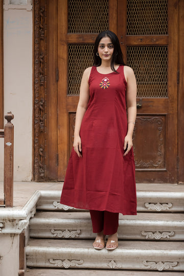 Dark Maroon Cotton Slub Halter A-Line Top And Palazzo
