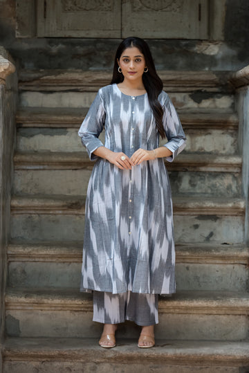 Grey White Handloom Ikkat Front Both Side Plitted A-line Kurti And Palazzo set