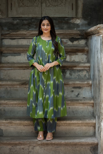 Green-grey Ikkat Front Both Side Plitted A-line Kurti And Palazzo set