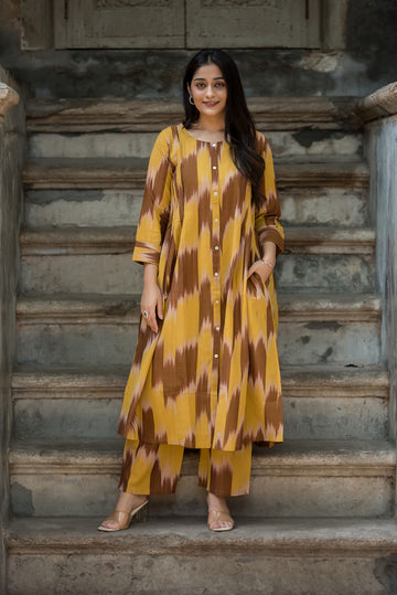 Musturd yellow And Light Brown Handloom Ikkat Front Both Side Plitted A-line Kurti And Palazzo set