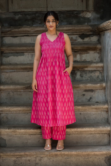 Deep Pink Cotton Dobby Haulter Front Plitted A-line Kurti and Palazzo set