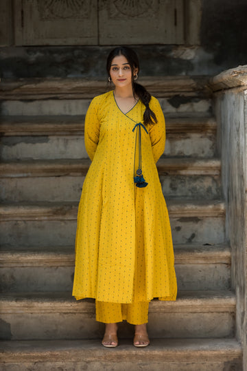 Bright Yellow Cotton Dobby A-line Angarkha style kurti And Palazzo set