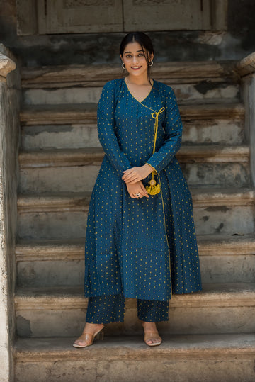Royal Blue Cotton Dobby A-line Angarkha style kurti And Palazzo set
