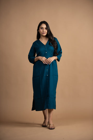 Peacock blue Cotton Flex Front Open Bodycon dress
