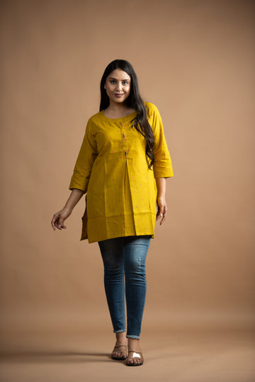 Classic Yellow Cotton Dobby Front Box pleats Short kurti