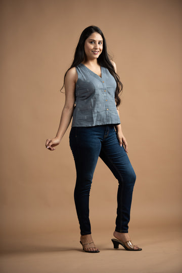 Grey Cotton Dobby Haulter Front Open Crop top