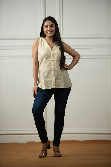 Light Yellow Cotton Lining Haulter Short kurti