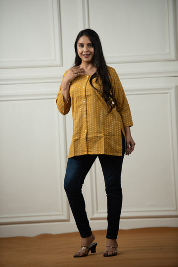 Musturd Yellow Cotton Dobby Open Front Short kurti