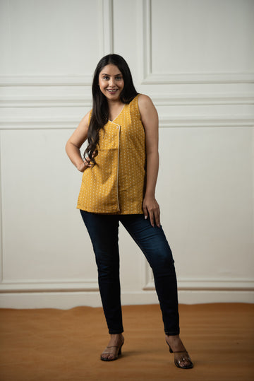 Musturd Yellow Cotton Dobby Overlap Haulter Short kurti