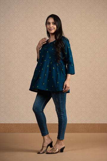 Royal Blue Cotton Dobby Front Both Side Plitted Short Kurti