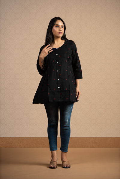 Jet Black Cotton Dobby Front Both Side Plitted Short Kurti