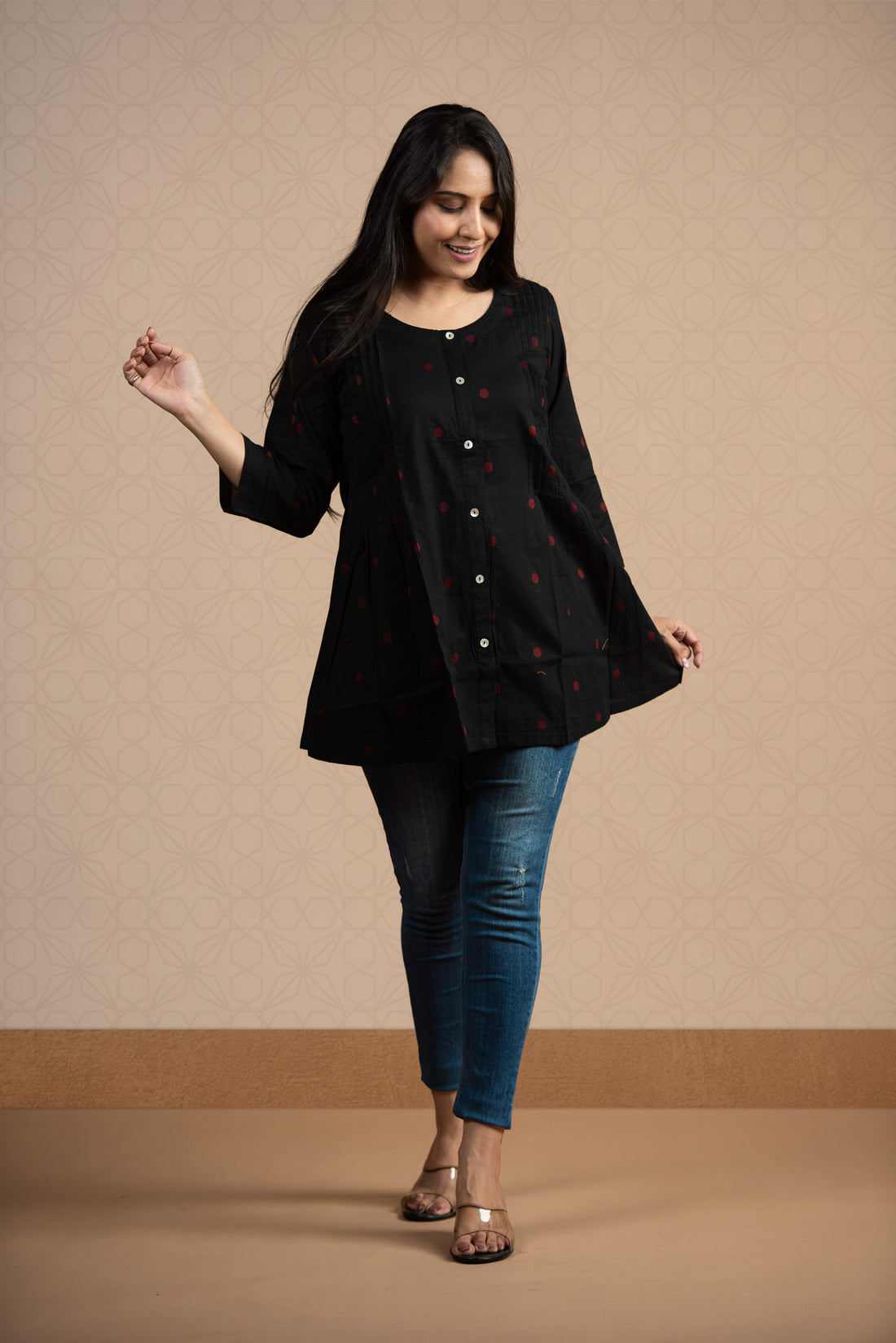 Jet Black Cotton Dobby Front Both Side Plitted Short Kurti
