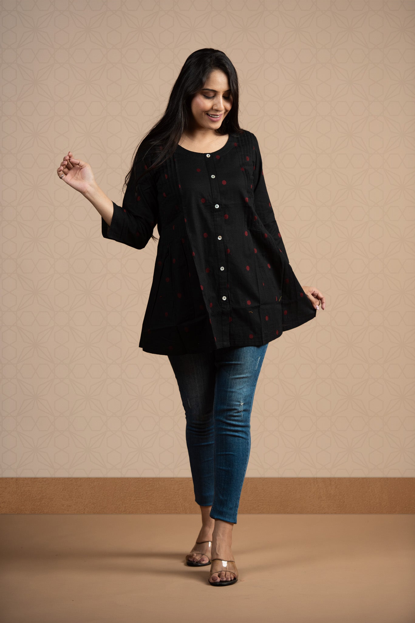 Jet Black Cotton Dobby Front Both Side Plitted Short Kurti