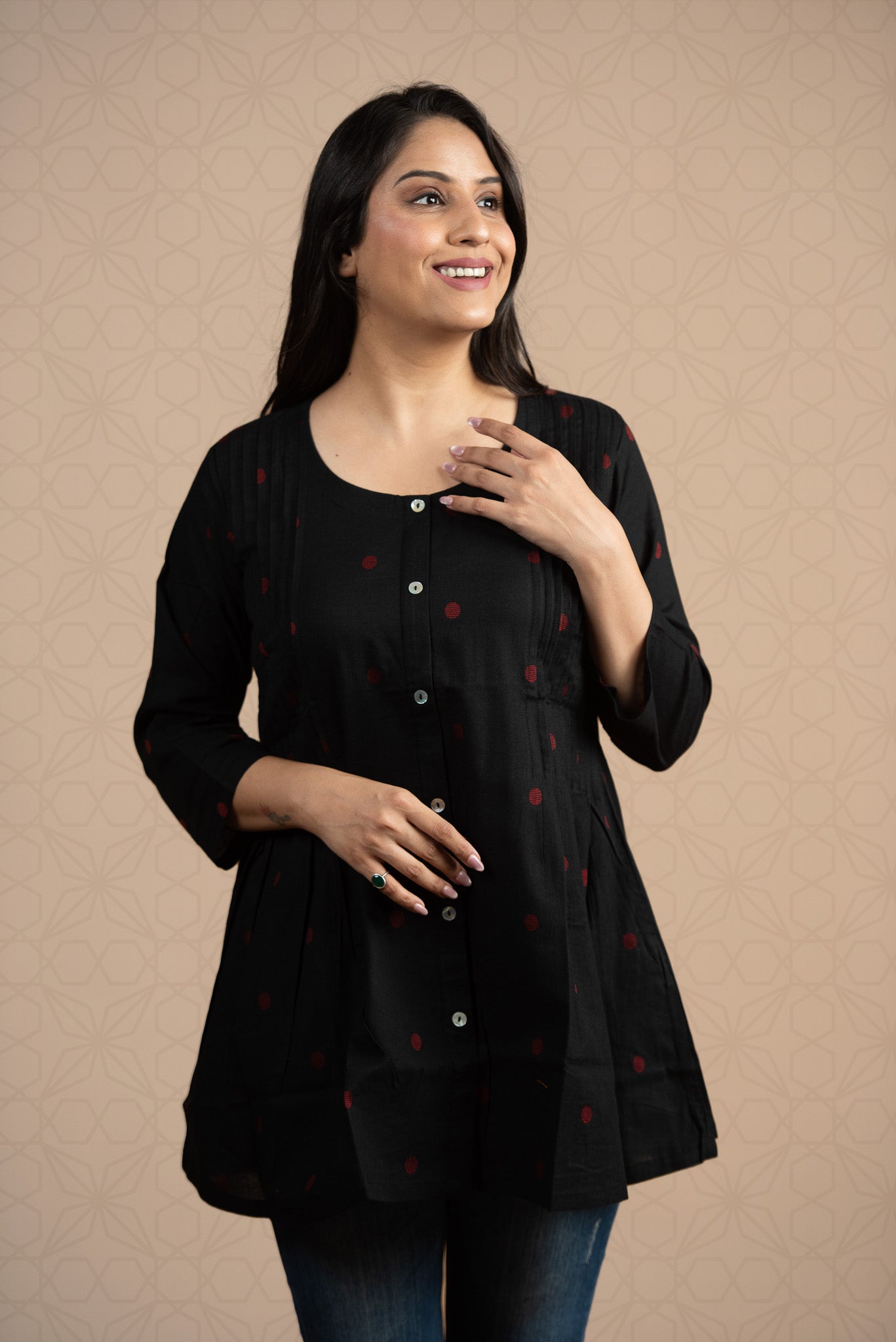 Jet Black Cotton Dobby Front Both Side Plitted Short Kurti