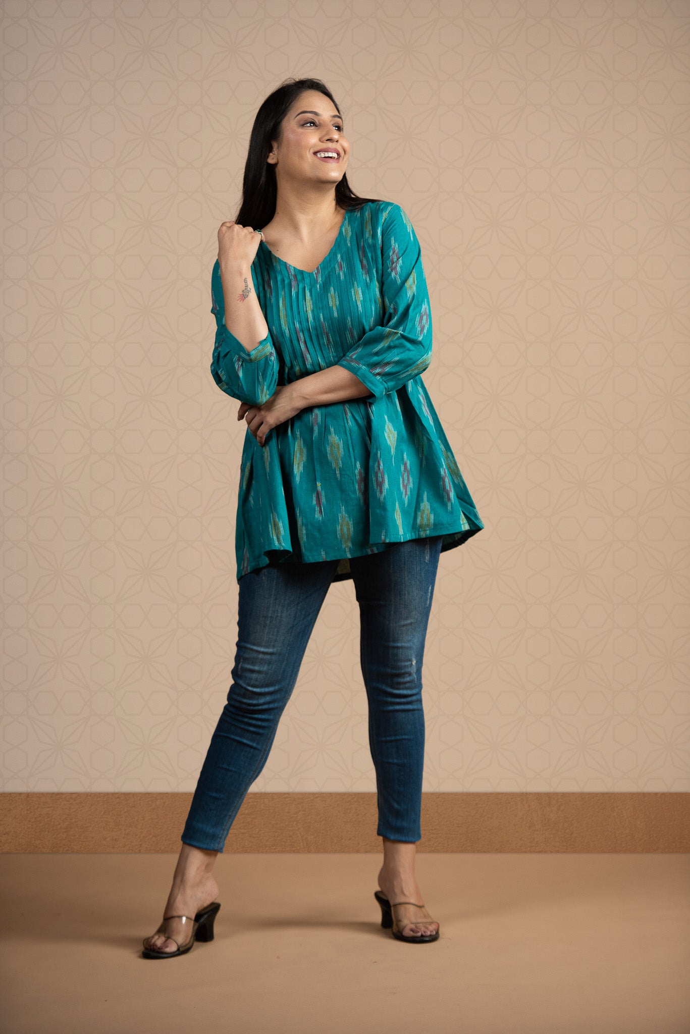 Rama blue Ikkat Front Plitted Short Kurti