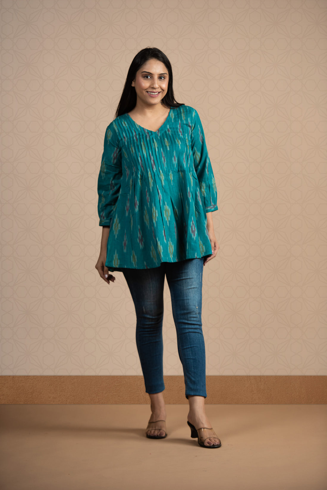Rama blue Ikkat Front Plitted Short Kurti