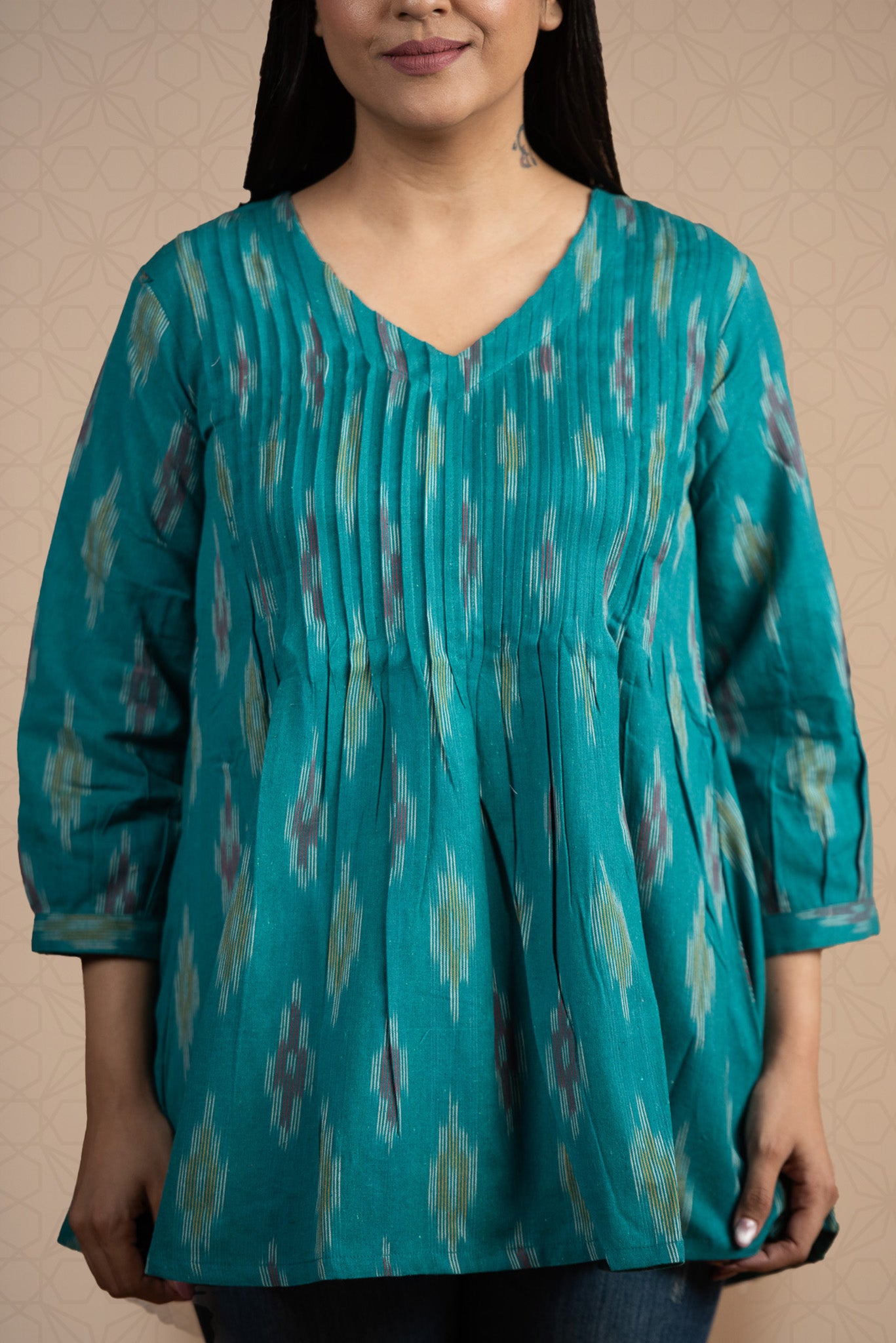 Rama blue Ikkat Front Plitted Short Kurti