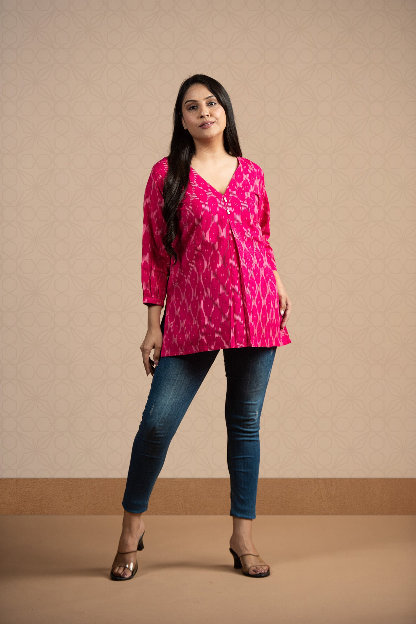 Pink Handloom Dobby Front Box Plits Short Kurti