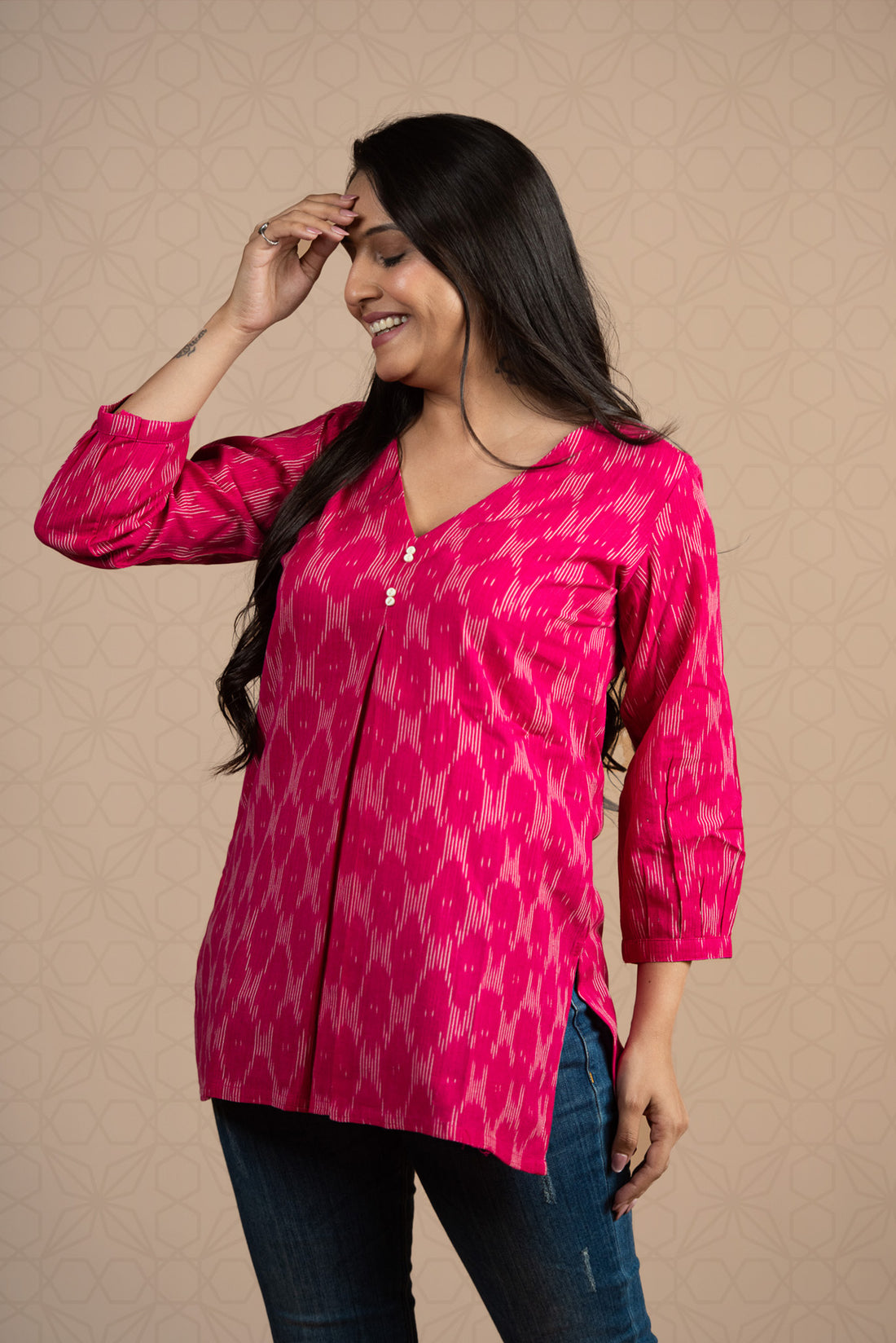Pink Handloom Dobby Front Box Plits Short Kurti