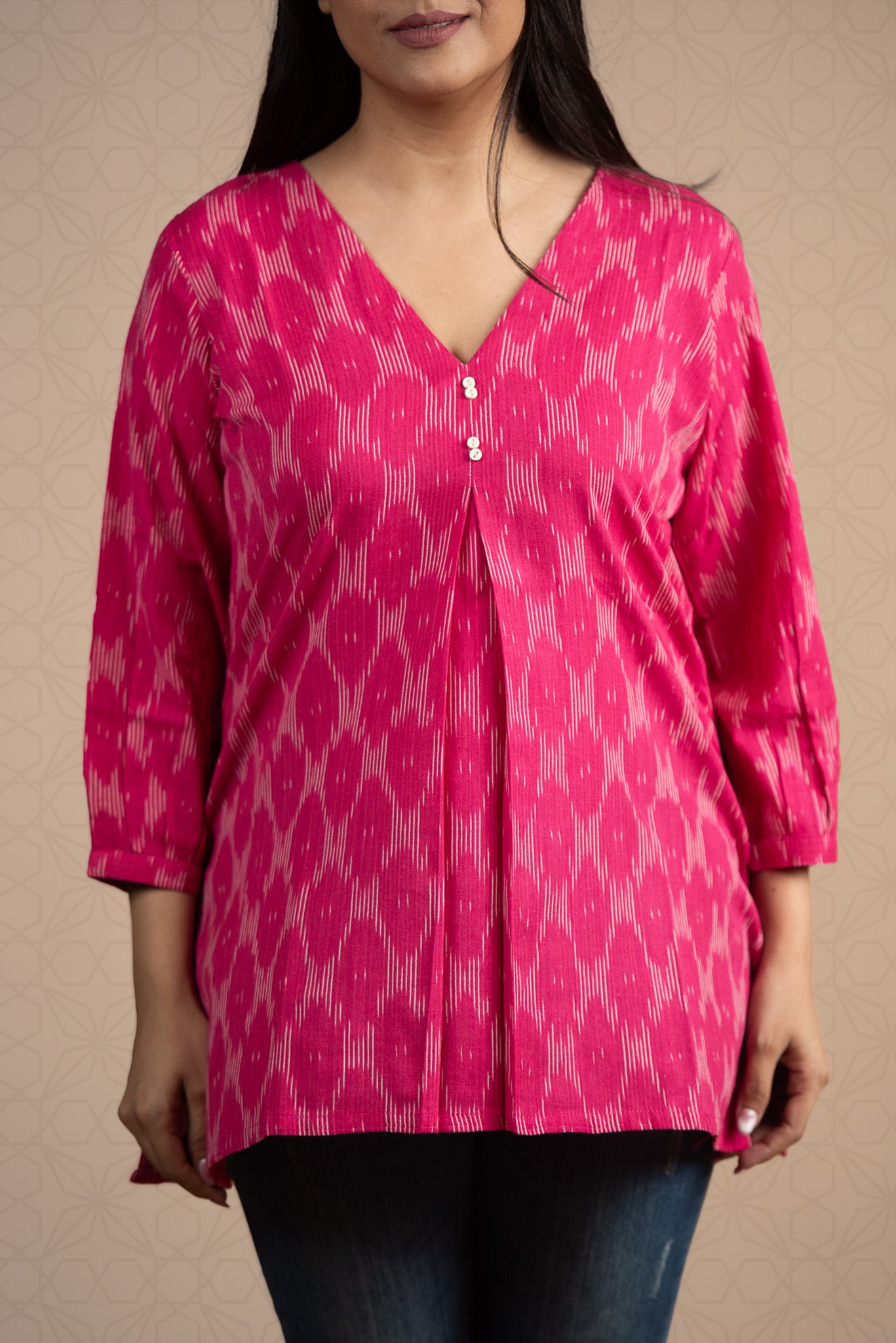 Pink Handloom Dobby Front Box Plits Short Kurti